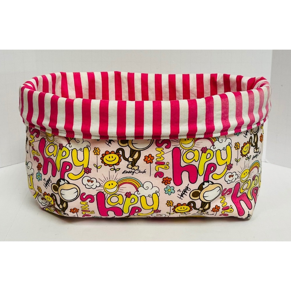 Bobby Jack Monkey Fabric Storage Bin Pink Striped Happy Smile Y2K Organizer
